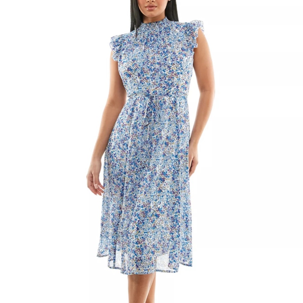 Women's Nina Leonard Smocked Flutter Sleeve Print Dress. Size S NWOT